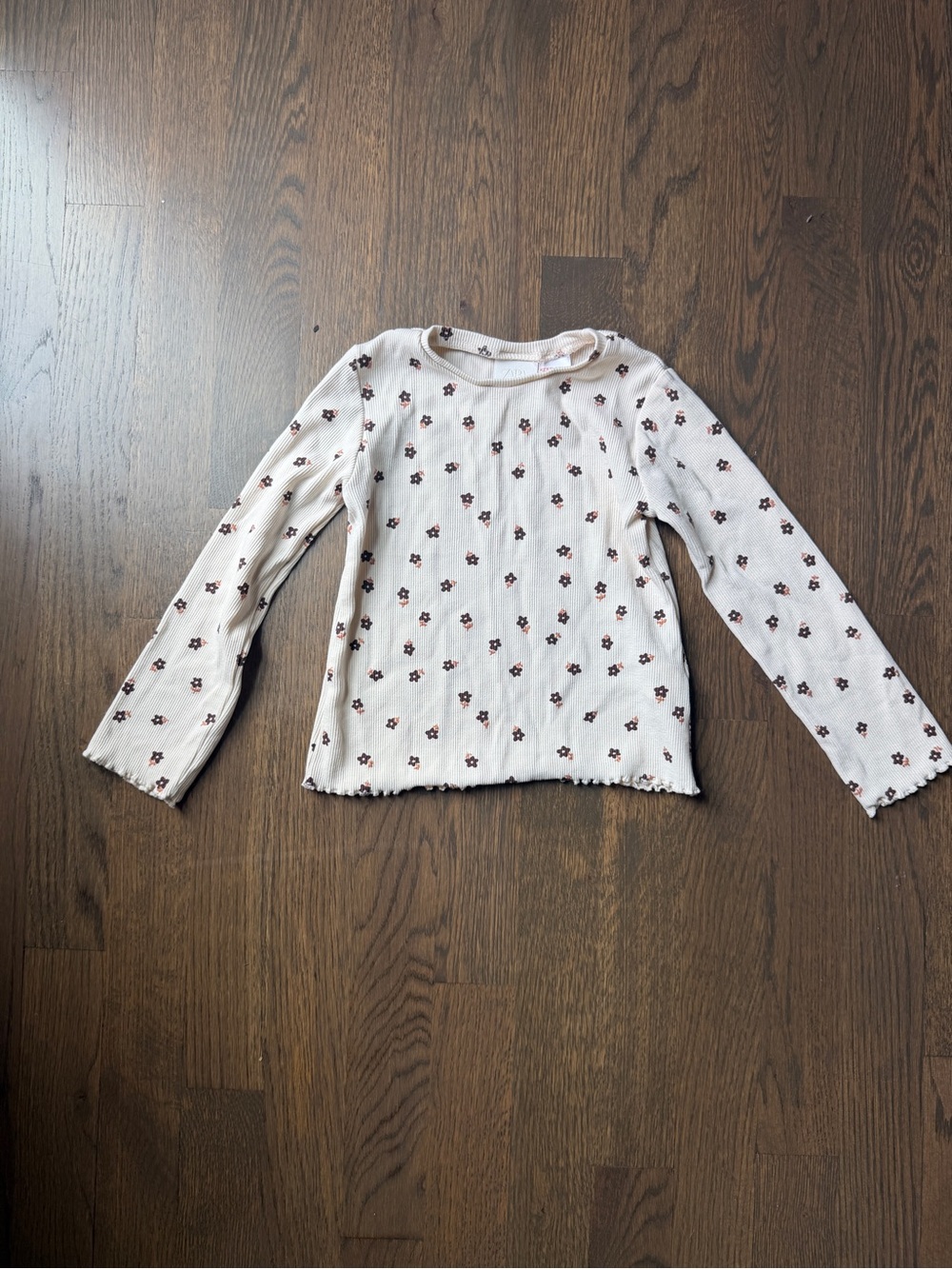 Zara Girls' Long-Sleeve Floral Ribbed Top - Cream with Brown Flowers